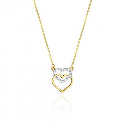 Złoty naszyjnik z diamentami dwa serca • Złoto 585 Brylant 0,05 ct 