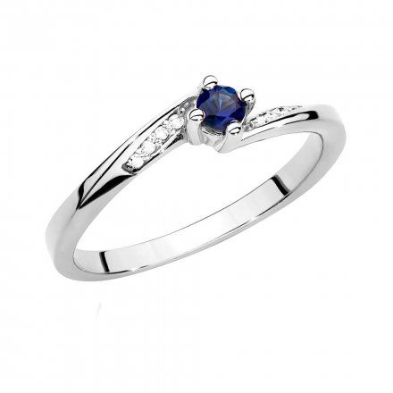 Biżuteria SAXO 14K Pierścionek z szafirem i diamentami 0,15ct BC-028 Białe Złoto