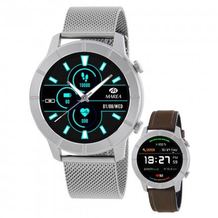 Srebrny Smartwatch Marea B58003-1 bransoletka mesh + brązowy pasek