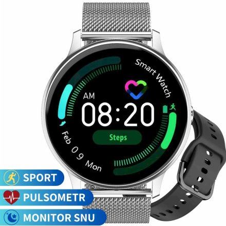 Smartwatch Pacific 09 Srebrny + Czarny Pasek | Kroki Kalorie Puls Sport Sen
