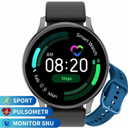 Smartwatch Pacific 09 Czarny + Niebieski Pasek | Kroki Kalorie Puls Sport Sen