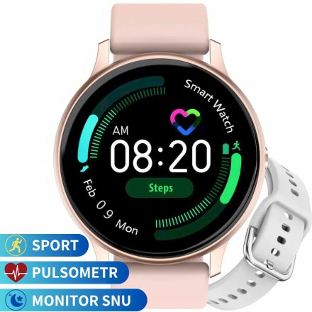 Smartwatch Pacific 09 Różowy + Biały Pasek | Kroki Kalorie Puls Sport Sen