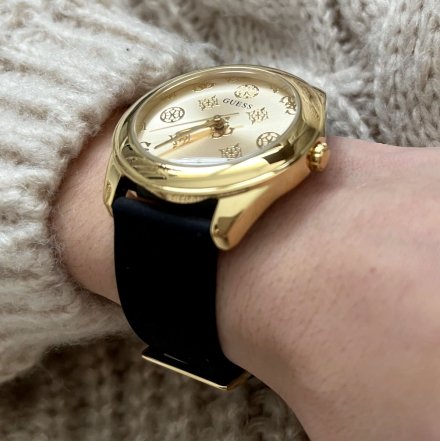 Złoty zegarek damski Guess Peony G z czarnym paskiem GW0107L2