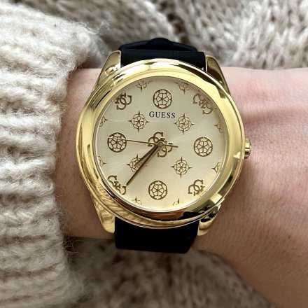 Złoty zegarek damski Guess Peony G z czarnym paskiem GW0107L2