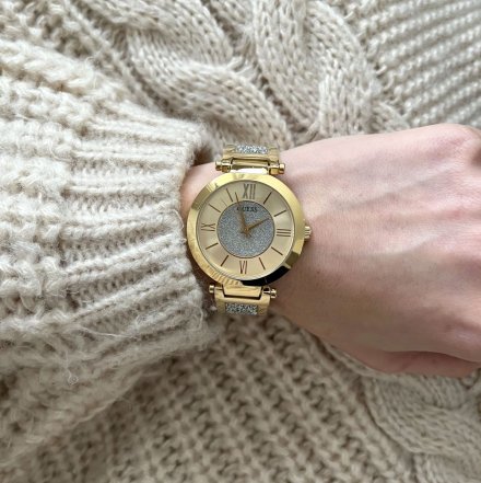 Złoty zegarek damski Guess Aurora z półsztywną bransoletką z brokatem W1288L2