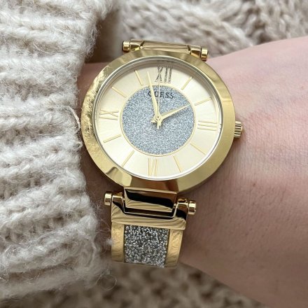 Złoty zegarek damski Guess Aurora z półsztywną bransoletką z brokatem W1288L2