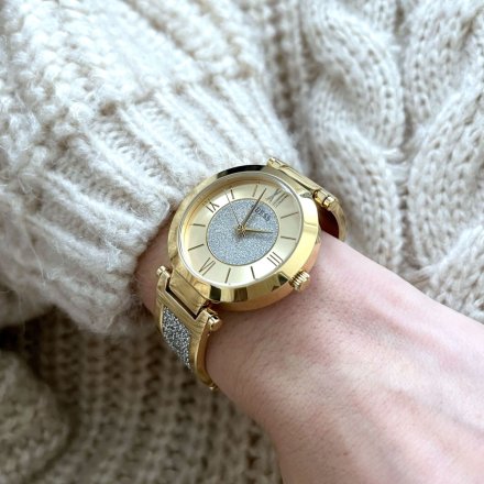 Złoty zegarek damski Guess Aurora z półsztywną bransoletką z brokatem W1288L2