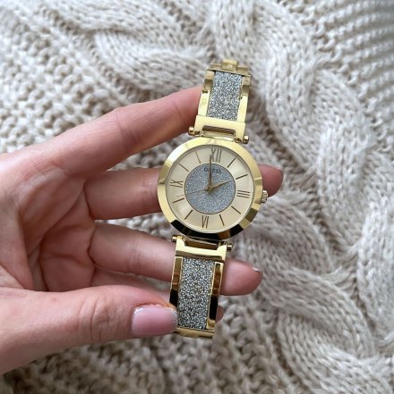 Złoty zegarek damski Guess Aurora z półsztywną bransoletką z brokatem W1288L2