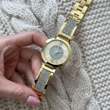 Złoty zegarek damski Guess Aurora z półsztywną bransoletką z brokatem W1288L2