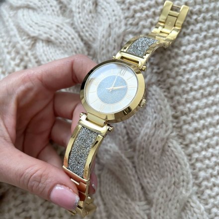 Złoty zegarek damski Guess Aurora z półsztywną bransoletką z brokatem W1288L2