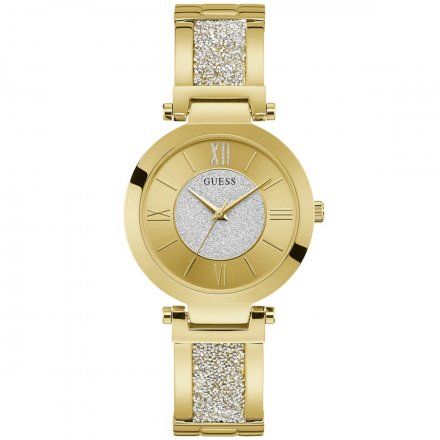 Złoty zegarek damski Guess Aurora z półsztywną bransoletką z brokatem W1288L2