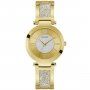 Złoty zegarek damski Guess Aurora z półsztywną bransoletką z brokatem W1288L2