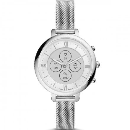 Srebrny zegarek smartwatch hybrydowy Fossil Monroe Puls Kroki Powiadomienia Sen FTW7040