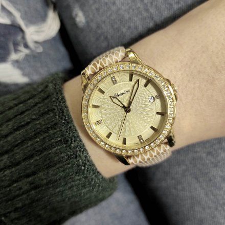 Złoty szwajcarski zegarek damski Adriatica z paskiem z wzorem jaszczurka A3416.1211QZ