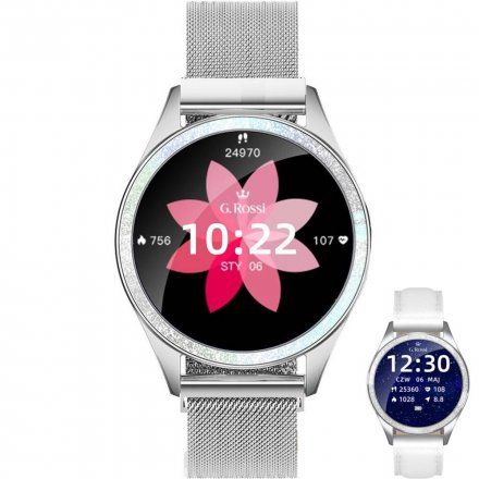 Srebrny smartwatch damski G.Rossi + biały pasek GRSWBF2-3C1-1