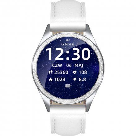 Srebrny smartwatch damski G.Rossi + biały pasek GRSWBF2-3C1-1