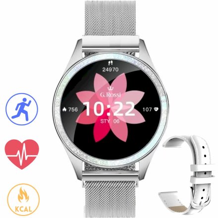 G.Rossi GRSWBF2 srebrny smartwatch biały pasek Puls Kroki Ciśnienie
