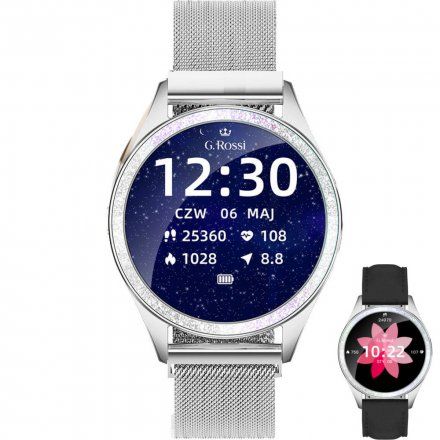 Srebrny smartwatch damski G.Rossi + czarny pasek GRSWBF2-3C1-2