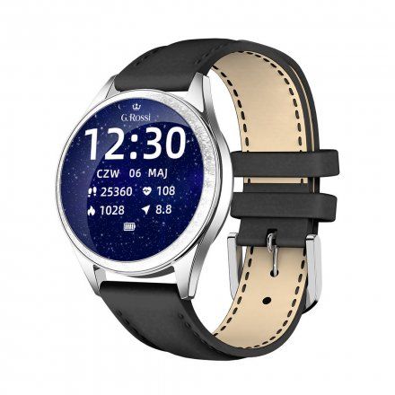 G.Rossi srebrny smartwatch czarny pasek Puls Kroki Ciśnienie G.RSWBF2-3C1-2