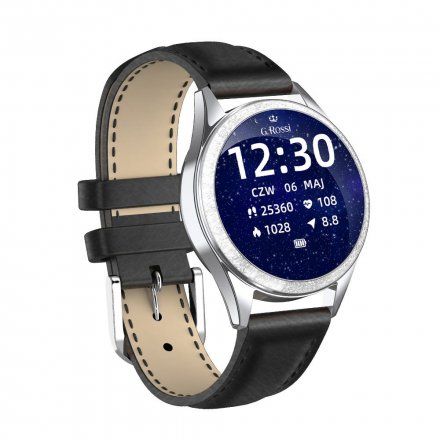 G.Rossi srebrny smartwatch czarny pasek Puls Kroki Ciśnienie G.RSWBF2-3C1-2