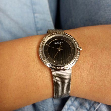 Srebrny elegancki szwajcarski zegarek damski Adriatica z kryształkami A3645.5114QZ