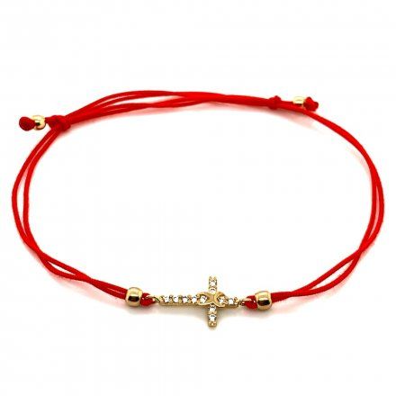 Biżuteria SAXO bransoletka złoty krzyżyk z cyrkoniami na czerwonym sznurku 2-4-B00058-0.84