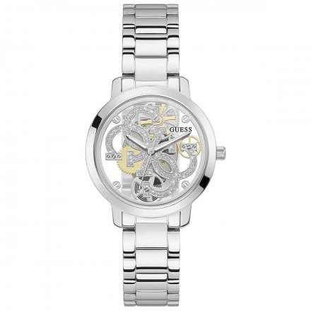 Srebrny zegarek damski Guess z bransoletką Skeleton GW0300L1