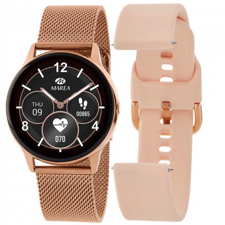 Złoty smartwatch + różowy pasek Marea B58008-4 Puls Ciśnienie Kroki Kalorie