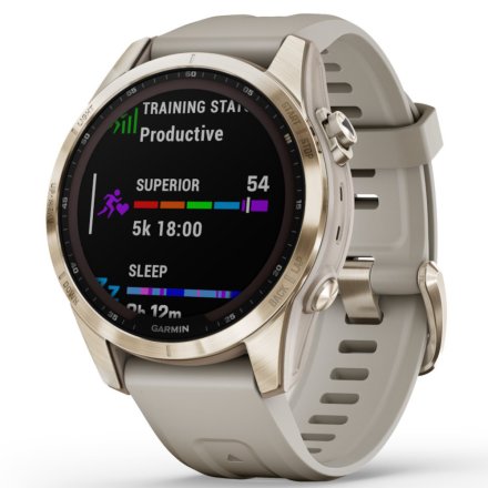 Zegarek Garmin Fenix 7S Sapphire Solar kremowozłoty z piaskowym paskiem 010-02539-21