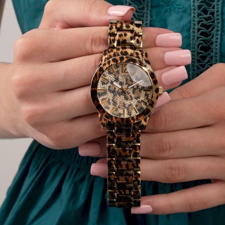 Złoty zegarek Damski Guess Leopard z bransoletką GW0450L1