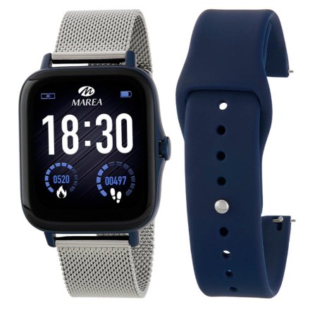 Srebrno-granatowy smartwatch z funkcją rozmów Marea B57012-2 Kroki Kalorie Ciśnienie