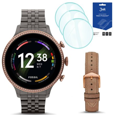 Smartwatch damski Fossil FTW6078 + brązowy pasek + 3 szt szkło ochronne
