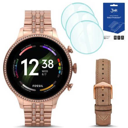 Smartwatch damski Fossil FTW6077 + brązowy pasek + 3 szt szkło ochronne