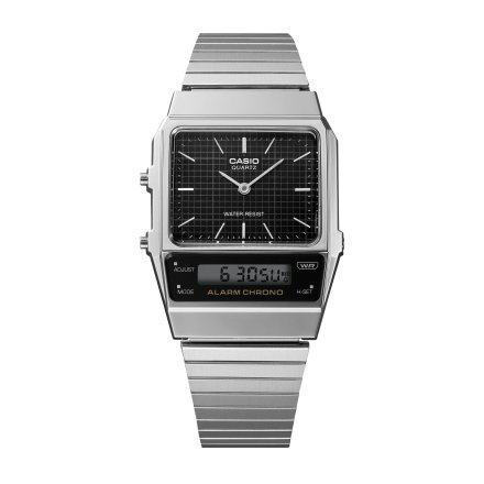 Srebrny zegarek Casio Vintage z czarną tarczą i wyświetlaczem AQ-800E-1AEF w stylu Retro