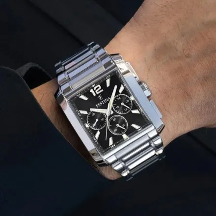  Prostokątny Zegarek Męski Festina 20635/4 Timeless Chronograph z czarną tarcza