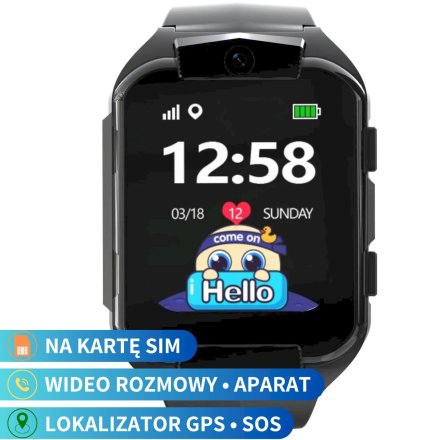 Smartwatch dla dzieci SIM GPS WIDEO ROZMOWY Czarny Pacific 32-01 + TOREBKA KOMUNIJNA