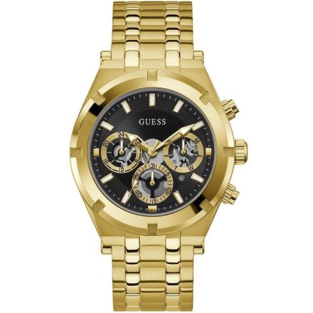 Złoty zegarek męski Guess Continental z bransoletką i czarną tarczą GW0260G2