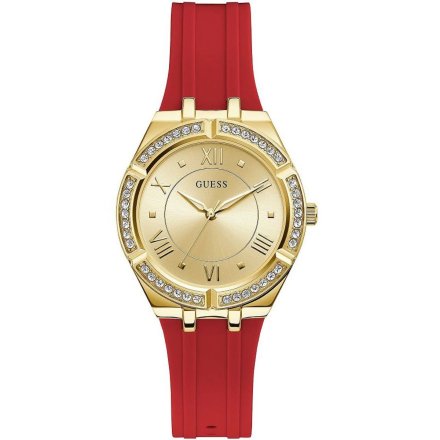 Złoty zegarek damski Guess Cosmo z czerwonym paskiem z kryształami GW0034L6
