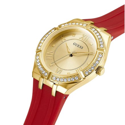 Złoty zegarek damski Guess Cosmo z czerwonym paskiem z kryształami GW0034L6