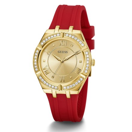 Złoty zegarek damski Guess Cosmo z czerwonym paskiem z kryształami GW0034L6