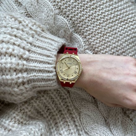 Złoty zegarek damski Guess Cosmo z czerwonym paskiem z kryształami GW0034L6