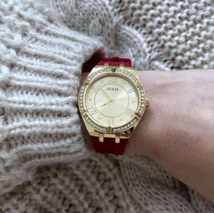Złoty zegarek damski Guess Cosmo z czerwonym paskiem z kryształami GW0034L6