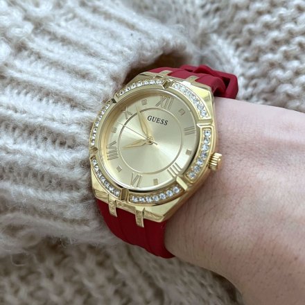 Złoty zegarek damski Guess Cosmo z czerwonym paskiem z kryształami GW0034L6