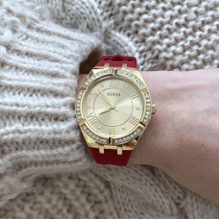 Złoty zegarek damski Guess Cosmo z czerwonym paskiem z kryształami GW0034L6