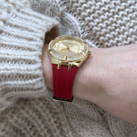 Złoty zegarek damski Guess Cosmo z czerwonym paskiem z kryształami GW0034L6