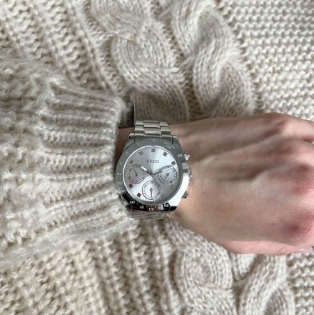 Srebrny zegarek damski Guess Eclipse z datownikiem i bransoletką GW0314L1