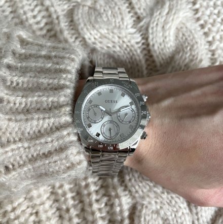 Srebrny zegarek damski Guess Eclipse z datownikiem i bransoletką GW0314L1