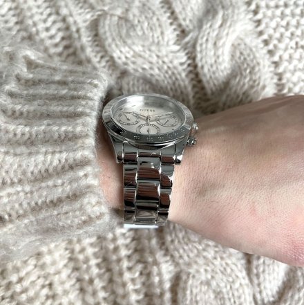 Srebrny zegarek damski Guess Eclipse z datownikiem i bransoletką GW0314L1
