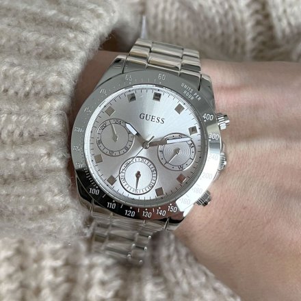 Srebrny zegarek damski Guess Eclipse z datownikiem i bransoletką GW0314L1