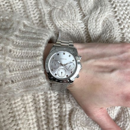 Srebrny zegarek damski Guess Eclipse z datownikiem i bransoletką GW0314L1